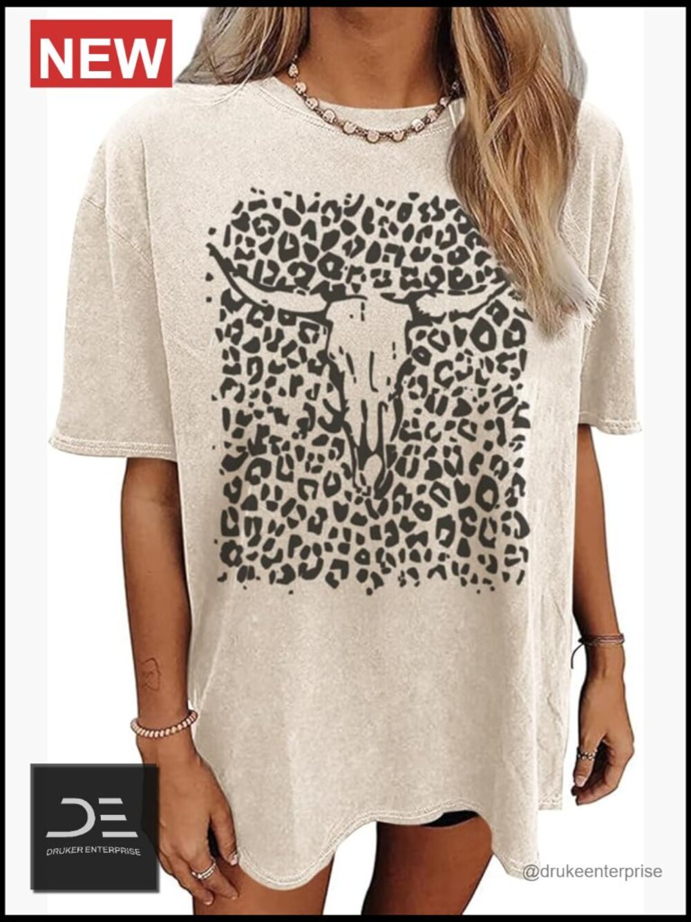 Western Cow Skull Graphic Tee Oversize Crew Neck Short Sleeve T-Shirt